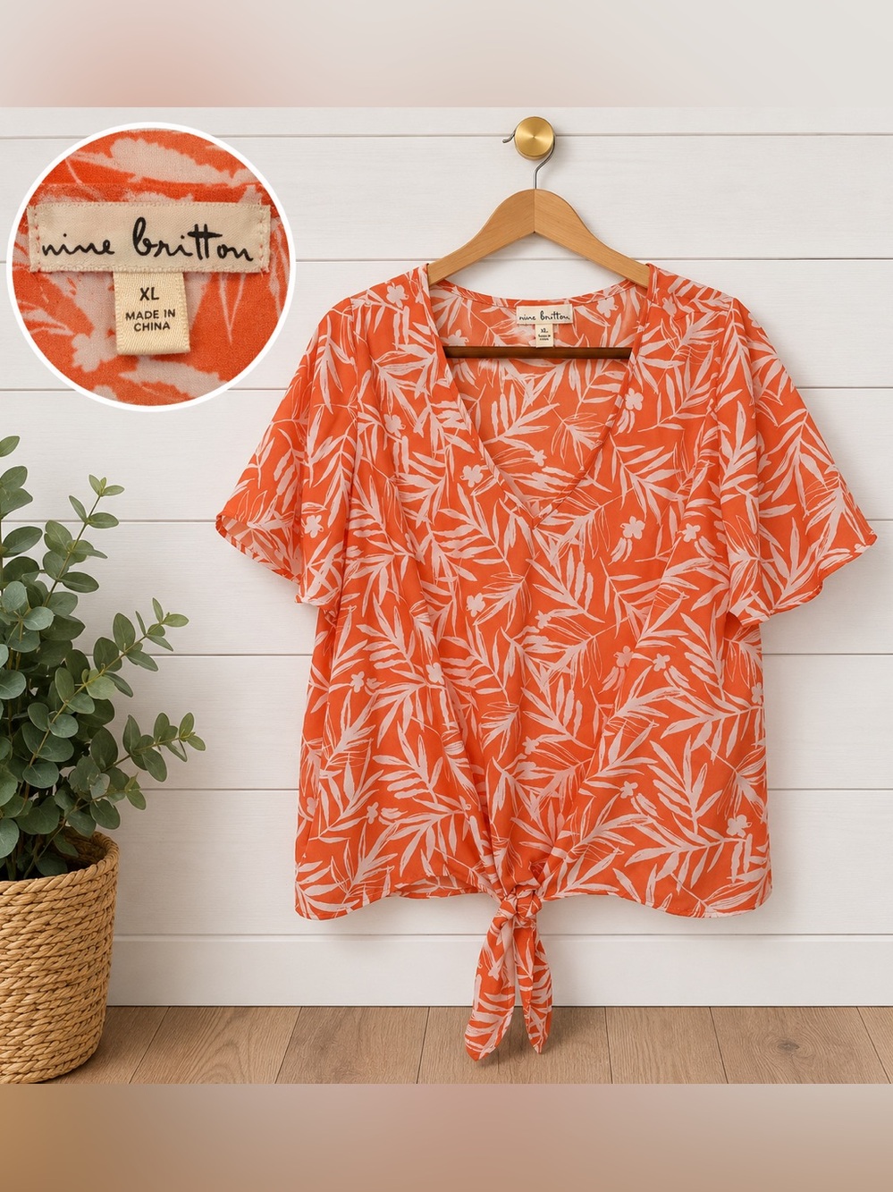 🤎Nine Britton XL Orange Tropical Floral Tie Front Blouse Short Sleeve Top